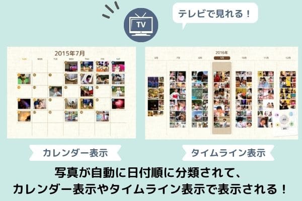 おもいでばこカレンダー表示とタイムライン表示